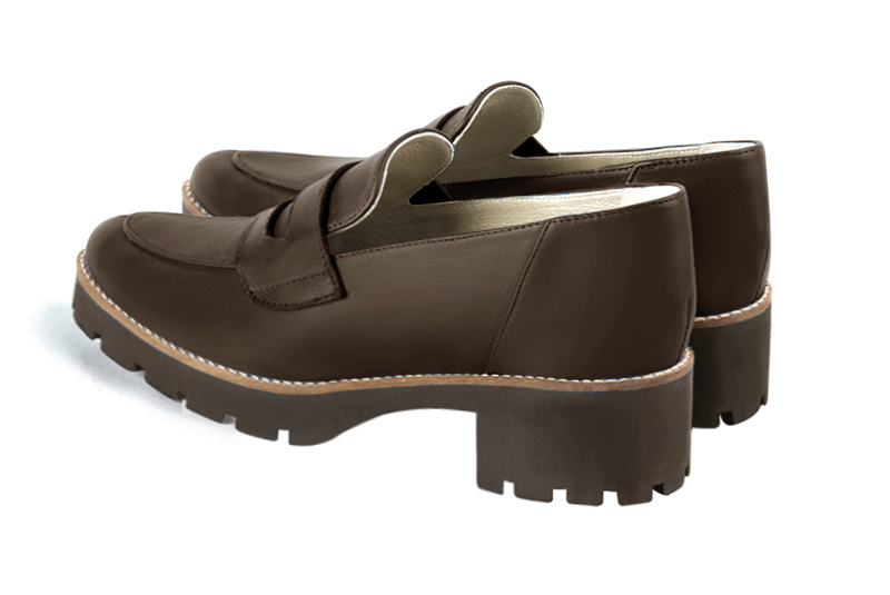 Dark brown women's casual loafers. Round toe. Low rubber soles. Rear view - Florence KOOIJMAN